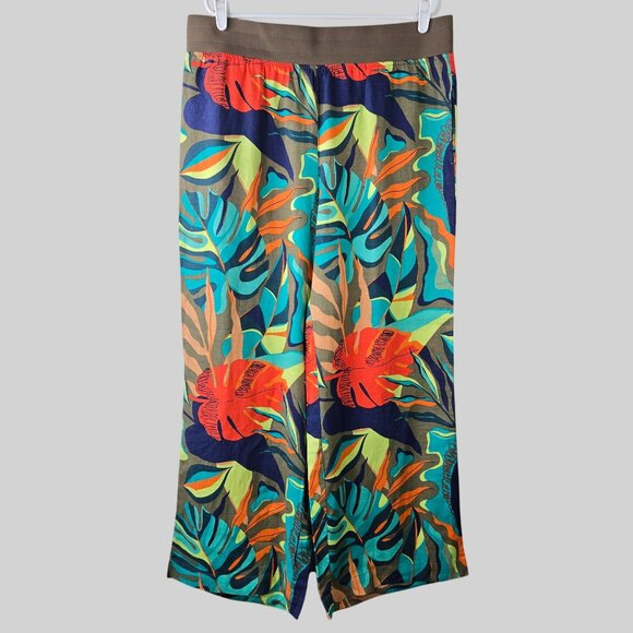 Soft Surroundings Pants - Soft Surroundings Wide Leg Linen Pants XL Tropical Print High Waisted Pull On